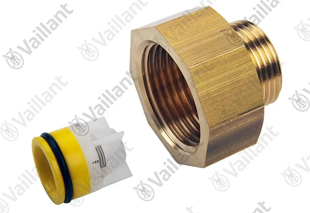 Vaillant Adapter aus Messing mit Außengewinde und einem Anschlussstück, das eine elektrische Verbindung ermöglicht.